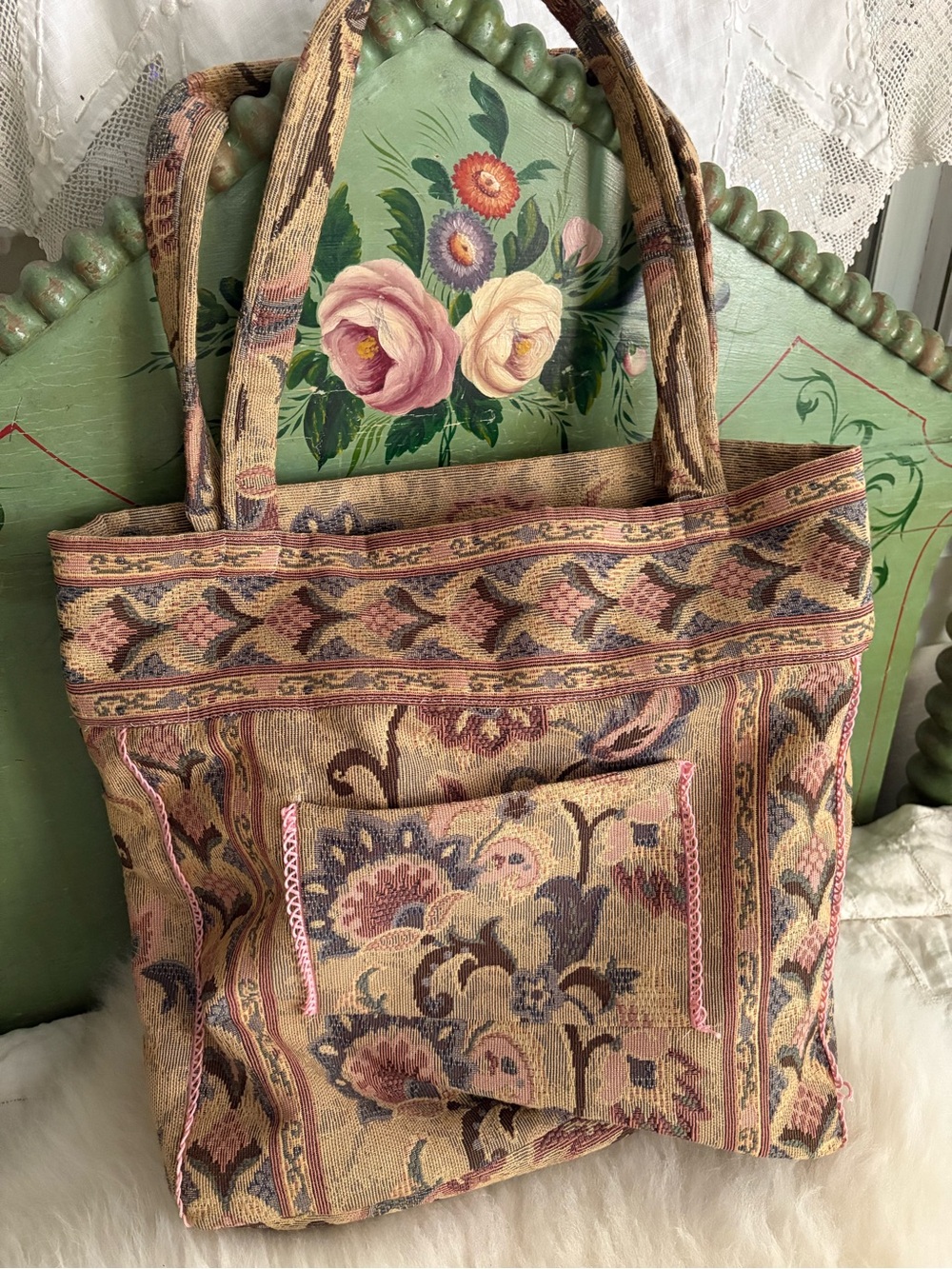 Floral Woven Tapestry Tote Bag in Pink & Tan - Picture 9 of 9